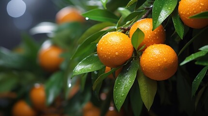 Close up branch with fresh ripe oranges.