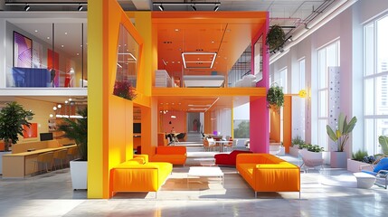 Modern office lounge with vibrant orange and pink walls, large windows and comfortable seating.