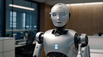 Fototapeta premium A humanoid robot stands in a modern office, displaying advanced robotics technology. 