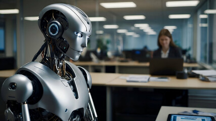 humanoid robot sitting in a modern office environment.
