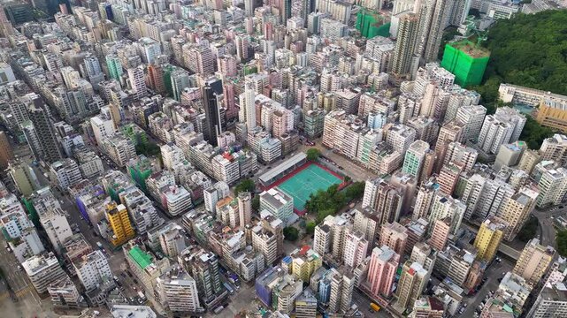 Sham Shui Po, Hong Kong: Aerial drone footage of the very crowded Sham Shui Po residential district in Mong Kok in Kowloon in China. 