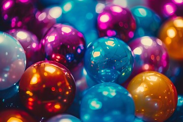 Close up high angle view of a joyful and fun multicolored, shiny, and vibrant plastic ball pit background in a playroom, with vivid rainbowcolored balls, creating a cheerful and colorful texture