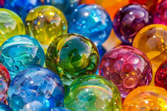 Close up high angle view of a joyful and fun multicolored, shiny, and vibrant plastic ball pit background in a playroom, with vivid rainbowcolored balls, creating a cheerful and colorful texture
