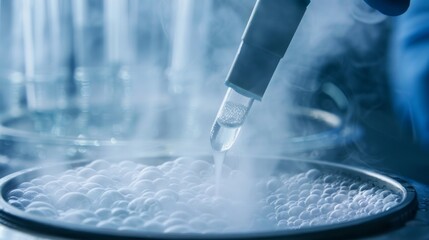 Vial with dry ice for cryopreservation. Cryosample of stem cells in culture medium with cryoprotector DNA sequencing CRISPR genome research liquid nitrogen test tubes stem cell