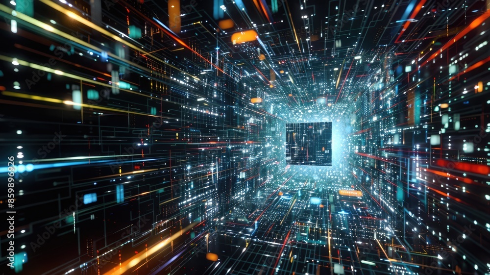 Aufkleber abstract digital rendering of a cube with glowing particles. digital art of abstract design of glowi
