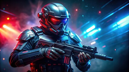 Futuristic soldier in helmet with red lights holding gun , sci-fi, soldier, helmet, red lights, futuristic, weapon, combat, futuristic technology, battle, digital art, military