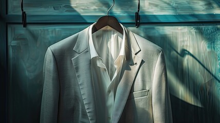 A hanger displaying a white long sleeved men s shirt