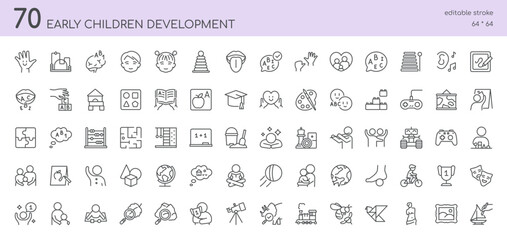 Early Children Development Vector Icons Set. Educational Activities, Learning Tools, Cognitive and Physical Growth, Preschool and Kindergarten. Editable Linear Collection.