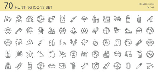 Hunting Icons Set. Includes Icons for Hunters, Firearms, Hunting Gear, Wilderness, Animals, Tracks, Bullets, Knives, Campsites, Binoculars, Compasses, and More. Outdoor and Wildlife Hunting Activities