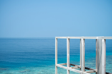 Beautiful terrace of water villa with pool in Maldives.