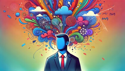 An illustration of a man encircled by disarray, symbolizing confusion and overthinking, in a vibrant, colorful style. The background features a gradie