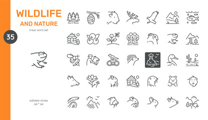 Wildlife and Nature Vector Icons Set. Forest Animals, Birds, Plants, Landscapes, and Natural Habitats. Editable Symbols Collection on White Background.