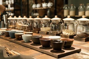 Sophisticated Coffee Tasting Display An Inviting Array of Cups and Aroma Jars to Enhance the Tasting Experienc