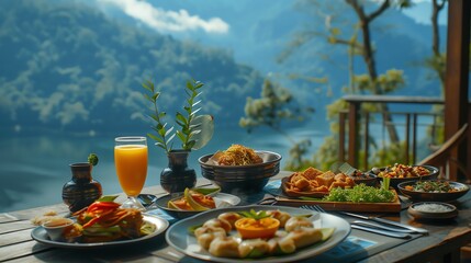 A delicious spread of food on a table overlooking a breathtaking mountain range and body of water.