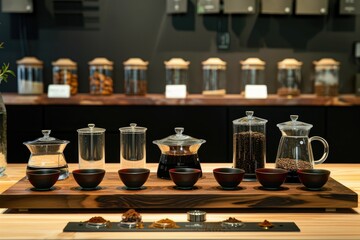 Sophisticated Coffee Tasting Display An Inviting Array of Cups and Aroma Jars to Enhance the Tasting Experienc