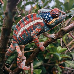 A chameleon with an American flag pattern perched on a branch.
