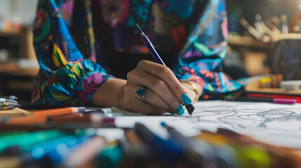 Fashion designer stylish drawings sketches textile fabric material Costume Designer creative workshop studio : Generative AI