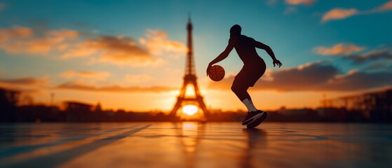 Side view of a basketball player middribble on a court near the Eiffel Tower, intense colors, realistic shadows, sharp detail, vibrant tones