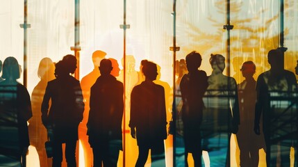 The photo shows a group of people standing in front of a glass window. The people are all wearing suits and ties, and they are all looking in the same direction. The photo is taken from a low angle