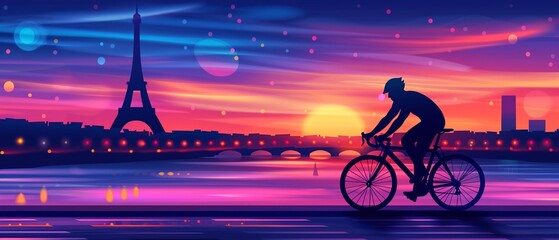 Fototapeta premium art of a cyclist riding near the Eiffel Tower, abstract sunrise and bokeh effects, bright colors, dynamic composition, modern style