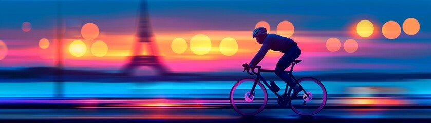 Fototapeta premium Digital illustration of a cyclist riding near the Eiffel Tower at sunrise, glowing bokeh lights, dynamic pose, vibrant colors, clean lines