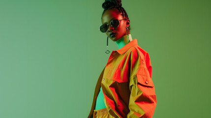 Fashion clothes style and black woman with green rap gen z or hip hop aesthetic outfit for cool edgy or fashionable look Designer brand apparel attitude or teen fashion model on green  : Generative AI