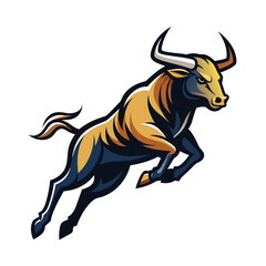 Fototapeta premium A digital illustration of a bull, drawn in a cartoon style, in a leaping pose with its horns pointed forward, with black and gold coloring.