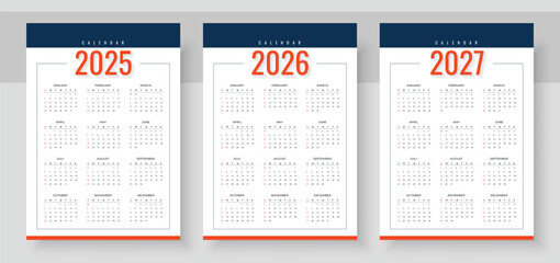 Calendar 2025, calendar 2026 and calendar 2027. Week start Sunday. Simple vertical calendar design template. Corporate design planner template. Organizer in English. Pocket or wall formats.