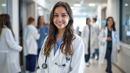 Fototapeta premium A young female doctor in scrubs and a lab coat smiles confidently