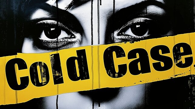 Horizontal poster with black and white grungy female portrait with yellow ribbon and sign Cold Case. Criminal true crime podcast cover template.