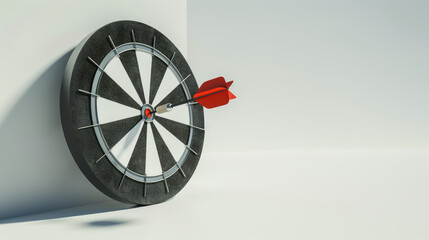 a dartboard with a red dart in the center. The dartboard is mounted on a white wall. The taken from a side angle.