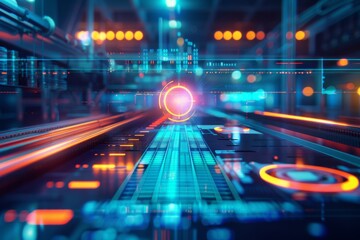 Fototapeta premium Futuristic digital technology background with neon lights and data streams, illustrating advanced network and computing concepts.