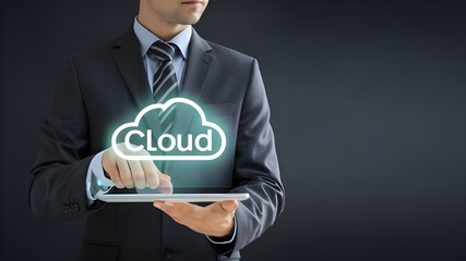Cloud Computing Concept, Businessman Uses Tablet on Cloud-based Global Networking, Data Storage, Accessibility, Scalability, AWS, Google Cloud