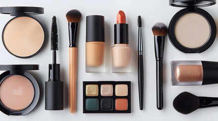 various makeup products arranged on a white background. 