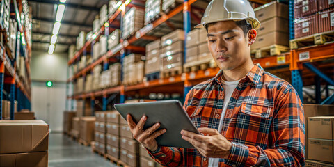 Warehouse worker using tablet for inventory