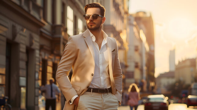 Handsome confident stylish hipster lambersexual modelSexy modern man dressed in elegant beige suit Fashion male posing in the street background in Europe city at sunset In sunglasses : Generative AI