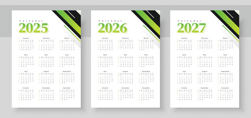 Calendar 2025, calendar 2026 and calendar 2027. The week starts on Sunday. Corporate design planner template. Pocket or wall formats. Organizer in English.