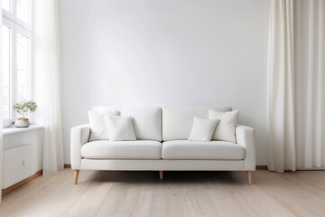 A cozy white sofa adorned with pillows in a bright and airy living room with natural light streaming through the windows with copy space for mockup