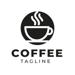 Minimalist style logo with a coffee cup icon at the top of the cup symbolizing hot smoke. This logo can be used for coffee restaurants