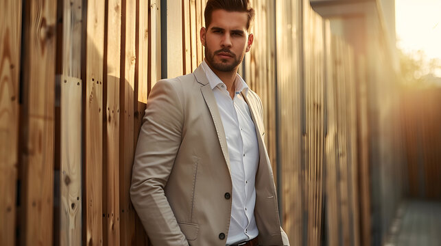Handsome confident stylish hipster lambersexual modelSexy modern man dressed in elegant beige suit Fashion male posing in the street near wooden fence wall in city at sunset : Generative AI