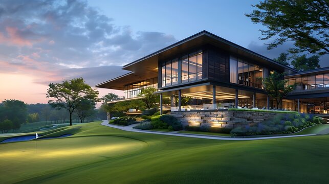 A contemporary golf course clubhouse with an expansive deck  greens and fairways