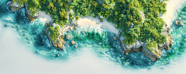 Aerial view of a lush tropical coastline with clear turquoise waters, sandy beach, and vibrant green foliage.