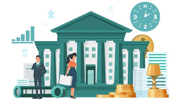 bank building with people and clock clip art preview