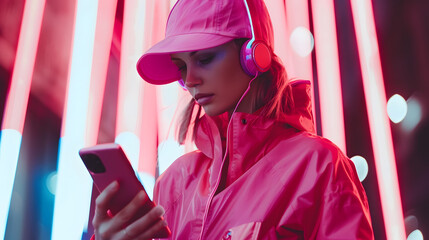 Stylish woman in magenta color jacket and bucket hat wearing wireless headphones on her head and setting phone for listening music Urban city street fashion Color of the 2023 year Sele : Generative AI