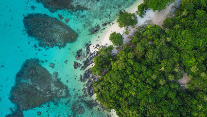 An aerial view of the lush greenery meeting the crystal clear turquoise waters at Karimun Jawa, Indonesia, showcasing the stunning natural beauty and diverse landscape of this tropical paradise.
