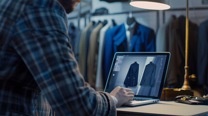 Fashion designer creates clothes and develops future wear collection in 3D modeling program Male tailor works in luxury designer workshop or tailoring studio on laptop Fashion concept : Generative AI