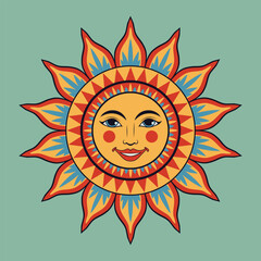 Cute cartoon decorative sun with smiling female face, simple illustration.