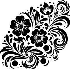 Black and white design with floral elements, flowers and leaves. The monochrome palette, complex floral design, making it an ideal choice for projects seeking a touch of sophistication and artistry.