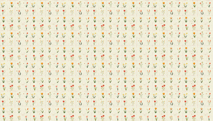 A pattern that features small flowers in square grid in pastel colors on white linen fabric, each grid contains one tulip from various varieties