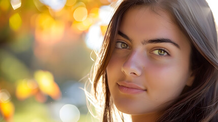 Naklejka premium young brunette woman portrait in autumn color : Generative AI